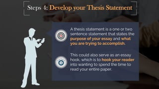 Steps 4: Develop your Thesis Statement
A thesis statement is a one or two
sentence statement that states the
purpose of your essay and what
you are trying to accomplish.
This could also serve as an essay
hook, which is to hook your reader
into wanting to spend the time to
read your entire paper.
 