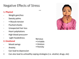 Negative Effects of Stress
1. Physical
- Weight gain/loss
- Sweaty palms
- • Muscle tension
- Flushed cheeks
- Unexpected hair loss
- Heart palpitations
- High blood pressure•
- Light headedness
2. Emotional
- Mood swings
- Anxiety
- Can lead to depression
• Can also lead to unhealthy coping strategies (i.e. alcohol, drugs, etc)
• •
Nervous
• Irritable
• Anxious
• Panicky
 
