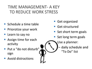 TIME MANAGEMENT- A KEY
TO REDUCE WORK STRESS
▪ Schedule a time table
▪ Priorotize your work
▪ Learn to say no
▪ Assign time for each
activity
▪ Put a “do not disturb”
sign
▪ Avoid distractions
▪ Get organized
▪ Get structured
▪ Set short term goals
▪ Set long term goals
▪ Use a planner:
– daily schedule and
“To Do” list
 