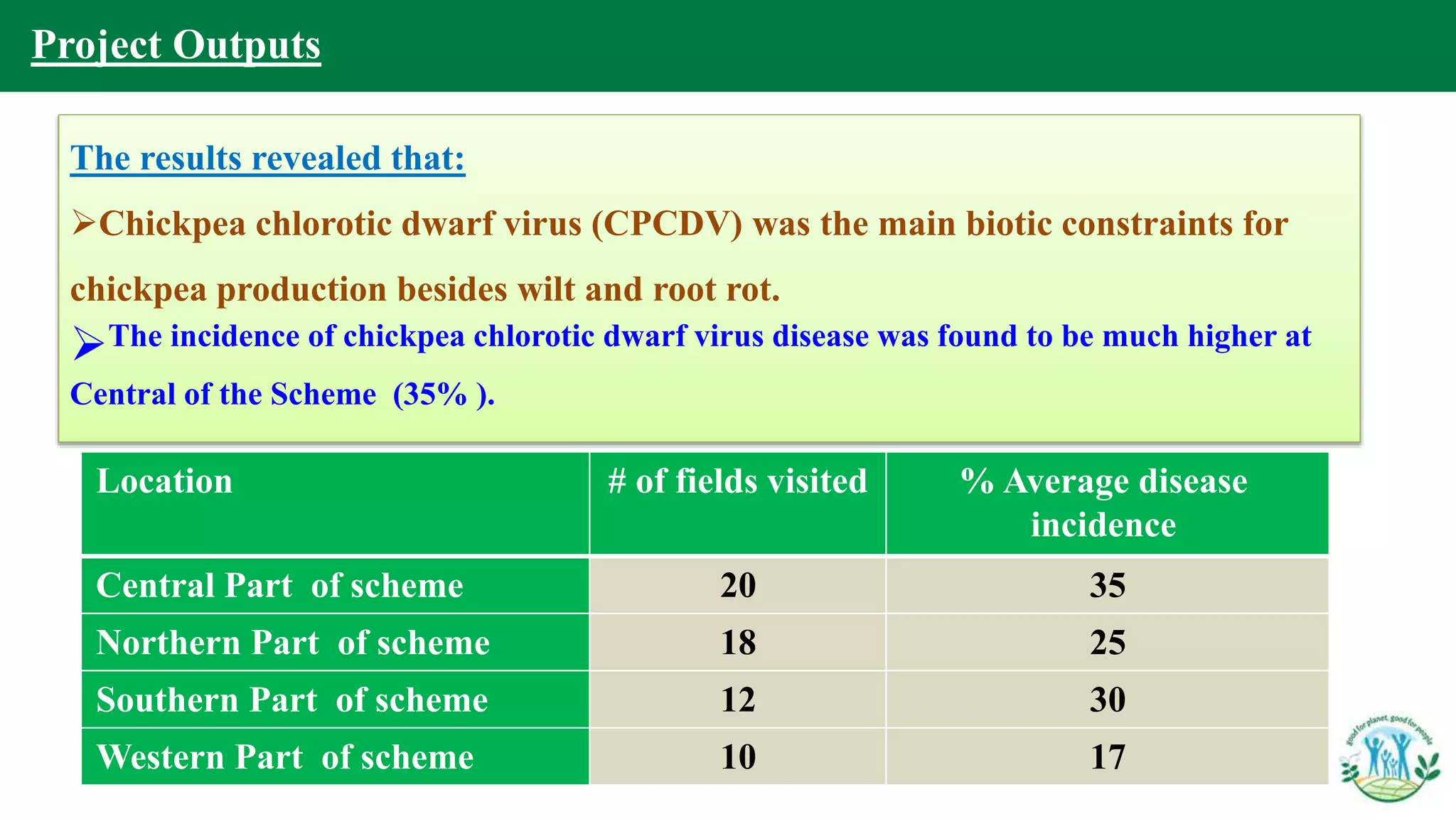 The results revealed that:
Chickpea chlorotic dwarf virus (CPCDV) was the main biotic constraints for
chickpea production besides wilt and root rot.
The incidence of chickpea chlorotic dwarf virus disease was found to be much higher at
Central of the Scheme (35% ).
% Average disease
incidence
# of fields visitedLocation
3520Central Part of scheme
2518Northern Part of scheme
3012Southern Part of scheme
1710Western Part of scheme
Project Outputs
 
