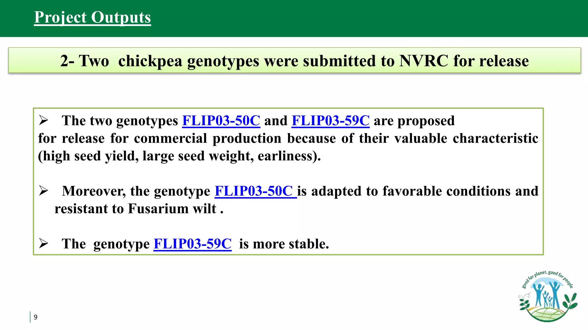 9
Project Outputs
2- Two chickpea genotypes were submitted to NVRC for release
 The two genotypes FLIP03-50C and FLIP03-59C are proposed
for release for commercial production because of their valuable characteristic
(high seed yield, large seed weight, earliness).
 Moreover, the genotype FLIP03-50C is adapted to favorable conditions and
resistant to Fusarium wilt .
 The genotype FLIP03-59C is more stable.
 