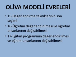 OLİVA MODELİ EVRELERİ
• 15-Değerlendirme tekniklerinin son
  seçimi
• 16-Öğretim değerlendirilmesi ve öğretim
  unsurlarının değiştirilmesi
• 17-ğپ programının değerlendirilmesi
  ve eğitim unsurlarının değiştirilmesi
 