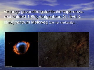 Onlangs gevonden galactische supernova-Onlangs gevonden galactische supernova-
rest ontdekt 1985; röntgenbron G1.9+0.3.rest ontdekt 1985; röntgenbron G1.9+0.3.
Nabij centrum MelkwegNabij centrum Melkweg (zie het vierkantje)(zie het vierkantje)..
 