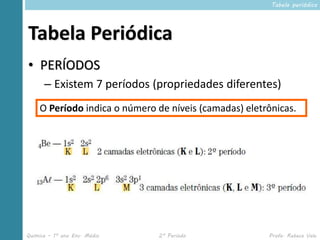 Tabela periódica




Tabela Periódica
• PERÍODOS
      – Existem 7 períodos (propriedades diferentes)
     O Período indic...