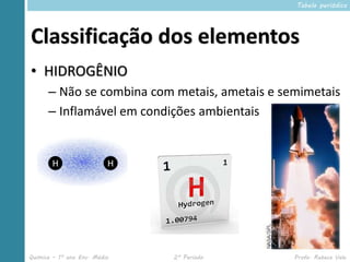 Tabela periódica




Classificação dos elementos
• HIDROGÊNIO
      – Não se combina com metais, ametais e semimetais
      – Inflamável em condições ambientais




Química – 1º ano Ens. Médio   2º Período       Profa. Rebeca Vale
 