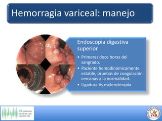 Hemorragia variceal: complicaciones
• Úlceras esofágicas
• Gastropatía portal hipertensiva o várices
gástricas.
Ligadura c...