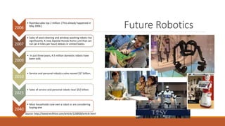 Future Robotics
Source: http://www.techhive.com/article/126858/article.html
2006
• Roomba sales top 2 million. [This already happened in
May 2006.]
2007
• Sales of pool-cleaning and window-washing robots rise
significantly. A new, bipedal Honda Asimo unit that can
run (at 4 miles per hour) debuts in United States.
2009
• In just three years, 4.5 million domestic robots have
been sold.
2010
• Service and personal robotics sales exceed $17 billion.
2025
• Sales of service and personal robots near $52 billion.
2040
• Most households now own a robot or are considering
buying one
 