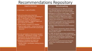 Experts Interview
•1 prototype = 1 spin off (CAIRO)
•Look at the whole value chain from
manufacturing  teaching  maintaining 
sales  operating (Ir. Dr Mazlee)
•Robotics can follow the development of
Automation Industry – Flagship Program can
spurs industry (Ir. Dr Mazlee)
•Create market, not grant (Ir. Dr Mazlee)
•How to create market – Lessons learned from
Oil & Gas (Special Counsel with countries like
Korea etc)
•Can also participate in international standard
committee – Japan/Korea’s strategy – so local
requirements can be incorporated in the
international standards (Pn Salwa Denan)
•Adoption of standards can create new
market/businesses (Pn Salwa Denan):
•ISO/IEC 27001 = certification, testing, process,
consultancy
Benchmarking
•Very specialized area for different institution –
e.g: Chonnam National University pursuing
robotics technology for new cancer treatment
•Willingness to commit to high budget. In 2008,
South Korea established 5 years $1 billion
program to build up 10000 human capital
consisting on masters and doctoral degree in
robotics and mechatronics
•Established a quasi-government robot industry
promotion organization, the Korea Institute for
Robot Industry Advancement (KIRIA).
•Intelligent Robot Development and Promotion
Act 2008
•The government selected the robotics industry
as a new growth engine in 2003 and put in place
diverse policy support
•In 2008, the Korean government established a
five-year $1 billion program “to build up 100,000
young leaders and focusing on building up
masters and doctors degree students of robot
and mechatronics.”
•The South Korea government also financially
assists nine university-based robotics R&D
centers.
Recommendations Repository
 