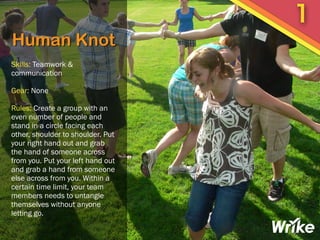 Human Knot
Skills: Teamwork &
communication
Gear: None
Rules: Create a group with an
even number of people and
stand in a ...