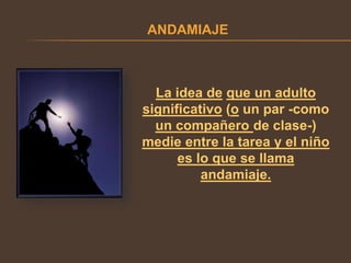 ANDAMIAJE
La idea de que un adulto
significativo (o un par -como
un compañero de clase-)
medie entre la tarea y el niño
es lo que se llama
andamiaje.
 