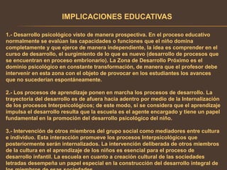 IMPLICACIONES EDUCATIVAS
1.- Desarrollo psicológico visto de manera prospectiva. En el proceso educativo
normalmente se evalúan las capacidades o funciones que el niño domina
completamente y que ejerce de manera independiente, la idea es comprender en el
curso de desarrollo, el surgimiento de lo que es nuevo (desarrollo de procesos que
se encuentran en proceso embrionario). La Zona de Desarrollo Próximo es el
dominio psicológico en constante transformación, de manera que el profesor debe
intervenir en esta zona con el objeto de provocar en los estudiantes los avances
que no sucederían espontáneamente.
2.- Los procesos de aprendizaje ponen en marcha los procesos de desarrollo. La
trayectoria del desarrollo es de afuera hacia adentro por medio de la Internalización
de los procesos Interpsicológicos; de este modo, si se considera que el aprendizaje
impulsa el desarrollo resulta que la escuela es el agente encargado y tiene un papel
fundamental en la promoción del desarrollo psicológico del niño.
3.- Intervención de otros miembros del grupo social como mediadores entre cultura
e individuo. Esta interacción promueve los procesos Interpsicológicos que
posteriormente serán internalizados. La intervención deliberada de otros miembros
de la cultura en el aprendizaje de los niños es esencial para el proceso de
desarrollo infantil. La escuela en cuanto a creación cultural de las sociedades
letradas desempeña un papel especial en la construcción del desarrollo integral de
 