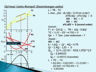 Optimasi Usaha Monopoli (Keseimbangan usaha)
                               TC     L = TR - TC
                                      L max., jika : dL/dQ = 0 (first order)
                                 TR                          dTR/dQ – dTC/dQ = 0
                                                              MR - MC = 0
                                                              MR = MC
                                                         d2L/dQ2 < 0 (scond order)
                                      Contoh :
                                      P = 6 – 0,8 Q → TR = 6Q – 0,8Q2
                                      TC = ⅓ Q3 – 2Q2 +4,75Q + 2
                               MC
                                      Qe = ? Dan Laba maksimum = ?
                                      Jawab :
                               ATC    MR = MC
  Laba = Rp 3,59
                                      6 – 1,6Q = Q2 - 4Q + 4,75
                                 AR
                    ◉                 Q2 – 2,4Q - 1,25 = 0
                          MR
                                      Q1,2 = [2,4 + {(2,4)2 – 4(1)(-1,25)}0,5]/2
  Rp 3,59                               Q1 = 2,840122
                                        Q2 = - 0,44012 (imposible)
                                      L = TR - TC
                    ◉                    = 6(2,84) – 0,8(2,84)2 – (⅓ (2,84)3 –
                                           2(2,84)2 +4,75(2,84) + 2
                   2,84        Laba
                                         = 3,593285 A. Latief
                                            created by Wasis                      22
 