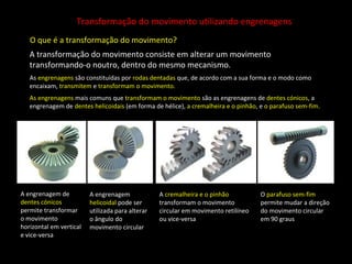 Transformação do movimento utilizando engrenagens 
O que é a transformação do movimento? 
A transformação do movimento consiste em alterar um movimento 
transformando-o noutro, dentro do mesmo mecanismo. 
As engrenagens são constituídas por rodas dentadas que, de acordo com a sua forma e o modo como 
encaixam, transmitem e transformam o movimento. 
As engrenagens mais comuns que transformam o movimento são as engrenagens de dentes cónicos, a 
engrenagem de dentes helicoidais (em forma de hélice), a cremalheira e o pinhão, e o parafuso sem-fim. 
A engrenagem de 
dentes cónicos 
permite transformar 
o movimento 
horizontal em vertical 
e vice-versa 
A engrenagem 
helicoidal pode ser 
utilizada para alterar 
o ângulo do 
movimento circular 
A cremalheira e o pinhão 
transformam o movimento 
circular em movimento retilíneo 
ou vice-versa 
O parafuso sem-fim 
permite mudar a direção 
do movimento circular 
em 90 graus 
 
