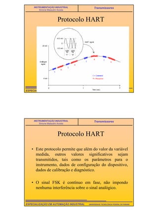 14
UNIVERSIDADE TECNOLÓGICA FEDERAL DO PARANÁESPECIALIZAÇÃO EM AUTOMAÇÃO INDUSTRIAL
INSTRUMENTAÇÃO INDUSTRIAL
Simone Massulini Acosta
Transmissores
Protocolo HART
UNIVERSIDADE TECNOLÓGICA FEDERAL DO PARANÁESPECIALIZAÇÃO EM AUTOMAÇÃO INDUSTRIAL
INSTRUMENTAÇÃO INDUSTRIAL
Simone Massulini Acosta
Transmissores
Protocolo HART
• Este protocolo permite que além do valor da variável
medida, outros valores significativos sejam
transmitidos, tais como os parâmetros para o
instrumento, dados de configuração do dispositivo,
dados de calibração e diagnóstico.
• O sinal FSK é contínuo em fase, não impondo
nenhuma interferência sobre o sinal analógico.
 