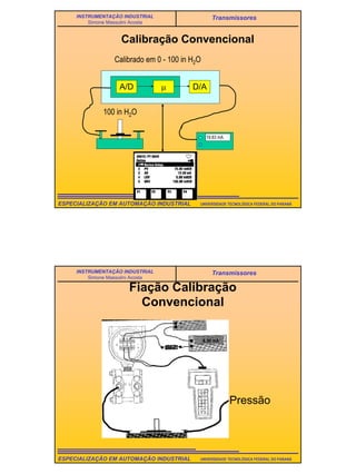 18
UNIVERSIDADE TECNOLÓGICA FEDERAL DO PARANÁESPECIALIZAÇÃO EM AUTOMAÇÃO INDUSTRIAL
INSTRUMENTAÇÃO INDUSTRIAL
Simone Massulini Acosta
Transmissores
Calibração Convencional
Calibrado em 0 - 100 in H2O
A/D µ D/A
19.83 mA
100 in H2O
UNIVERSIDADE TECNOLÓGICA FEDERAL DO PARANÁESPECIALIZAÇÃO EM AUTOMAÇÃO INDUSTRIAL
INSTRUMENTAÇÃO INDUSTRIAL
Simone Massulini Acosta
Transmissores
Fiação Calibração
Convencional
Pressão
 