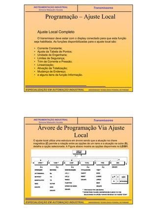 25
UNIVERSIDADE TECNOLÓGICA FEDERAL DO PARANÁESPECIALIZAÇÃO EM AUTOMAÇÃO INDUSTRIAL
INSTRUMENTAÇÃO INDUSTRIAL
Simone Massulini Acosta
Transmissores
Programação – Ajuste Local
Ajuste Local Completo
O transmissor deve estar com o display conectado para que esta função
seja habilitada. As funções disponibilizadas para o ajuste local são:
• Corrente Constante;
• Ajuste da Tabela de Pontos;
• Unidade de Engenharia;
• Limites de Segurança;
• Trim de Corrente e Pressão;
• Linearização;
• Ativação da Totalização;
• Mudança de Endereço;
• e alguns itens da função Informação.
UNIVERSIDADE TECNOLÓGICA FEDERAL DO PARANÁESPECIALIZAÇÃO EM AUTOMAÇÃO INDUSTRIAL
INSTRUMENTAÇÃO INDUSTRIAL
Simone Massulini Acosta
Transmissores
Árvore de Programação Via Ajuste
Local
O ajuste local utiliza uma estrutura em árvore sendo que a atuação na chave
magnética (Z) permite a rotação entre as opções de um ramo e a atuação na outra (S),
detalha a opção selecionada. A Figura abaixo mostra as opções disponíveis no LD301.
 