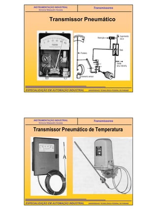 4
UNIVERSIDADE TECNOLÓGICA FEDERAL DO PARANÁESPECIALIZAÇÃO EM AUTOMAÇÃO INDUSTRIAL
INSTRUMENTAÇÃO INDUSTRIAL
Simone Massulini Acosta
Transmissores
Transmissor Pneumático
UNIVERSIDADE TECNOLÓGICA FEDERAL DO PARANÁESPECIALIZAÇÃO EM AUTOMAÇÃO INDUSTRIAL
INSTRUMENTAÇÃO INDUSTRIAL
Simone Massulini Acosta
Transmissores
Transmissor Pneumático de Temperatura
 