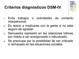 Criterios diagnósticos DSM-IV <ul><li>Evita trabajos o actividades de contacto interpersonal. </li></ul><ul><li>Es reacio ...