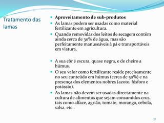 Tratamento das
lamas
 Aproveitamento de sub-produtos
 As lamas podem ser usadas como material
fertilizante em agricultura.
 Quando removidas dos leitos de secagem contêm
ainda cerca de 30% de água, mas são
perfeitamente manuseáveis à pá e transportáveis
em viatura.
 A sua côr é escura, quase negra, e de cheiro a
húmus.
 O seu valor como fertilizante reside precisamente
no seu conteúdo em húmus (cerca de 50%) e na
presença dos elementos nobres (azoto, fósforo e
potássio).
 As lamas não devem ser usadas directamente na
cultura de alimentos que sejam consumidos crus,
tais como alface, agrião, tomate, morango, cebola,
salsa, etc..
37
 