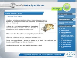 Changer ses étriers de frein

 La dépose de l’étrier de frein                                                                  Amateur


 1. Surélever la voiture sur quatre chandelles et enlever les quatre roues en
 respectant les consignes de sécurité (voir Consignes de sécurité + placer une
                                                                                                 30 min à 1 heure selon le
 voiture sur chandelles).
                                                                                                 véhicule

 2. Dans le cas d’une intervention sur les étriers arrières, il est
 nécessaire de relâcher le frein à main pour décrocher le                                         Un cric
 câble actionnant le frein de stationnement sur l’étrier.
                                                                                                  Des chandelles
                                                                                                  Une caisse à outils
 3. Déposer les plaquettes de frein (voir changer des plaquettes de frein)                         complète
                                                                                                   (tournevis, clés plates, à
 4. Démonter le flexible de frein (voir changer des flexibles de frein)                            œil, à tuyauter, marteau
                                                                                                   etc.)

 Dans le cas d’étriers flottants : dévisser la dernière vis de l’étrier. Les autres étant déjà    Un repousse-piston
 dévissées au préalable pour le retrait des plaquettes.                                           Du liquide de frein
                                                                                                  Un nettoyant frein
 Dans le cas d’étriers fixes : il ne reste plus que deux boulons à retirer
                                                                                                  Un tendeur ou une
                                                                                                   ficelle
 