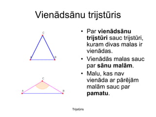 Vienādsānu trijstūris
                • Par vienādsānu
                  trijstūri sauc trijstūri,
                  kuram divas malas ir
                  vienādas.
                • Vienādās malas sauc
                  par sānu malām.
                • Malu, kas nav
                  vienāda ar pārējām
                  malām sauc par
                  pamatu.

         Trijstūris
 