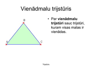 Vienādmalu trijstūris
                • Par vienādmalu
                  trijstūri sauc trijstūri,
                  kuram visas malas ir
                  vienādas.




         Trijstūris
 