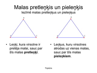 Malas pretleņķis un pieleņķis
          Iezīmē malas pretleņķus un pieleņķus




• Leņķi, kura virsotne ir          • Leņķus, kuru virsotnes
  pretēja malai, sauc par            atrodas uz vienas malas,
  šīs malas pretleņķi.               sauc par šīs malas
                                     pieleņkiem.


                            Trijstūris
 