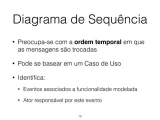 Diagrama de Sequência
• Preocupa-se com a ordem temporal em que
as mensagens são trocadas
• Pode se basear em um Caso de Uso
• Identifica:
• Eventos associados a funcionalidade modelada
• Ator responsável por este evento
19
 