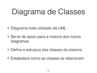 Diagrama de Classes
• Diagrama mais utilizado da UML
• Serve de apoio para a maioria dos outros
diagramas
• Define a estrutura das classes do sistema
• Estabelece como as classes se relacionam
25
 