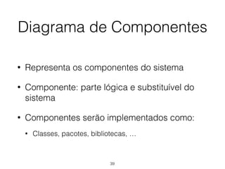 Diagrama de Componentes
• Representa os componentes do sistema
• Componente: parte lógica e substituível do
sistema
• Componentes serão implementados como:
• Classes, pacotes, bibliotecas, …
39
 