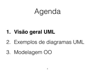 Agenda
1. Visão geral UML
2. Exemplos de diagramas UML
3. Modelagem OO
4
 