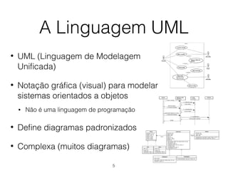 A Linguagem UML
• UML (Linguagem de Modelagem
Unificada)
• Notação gráfica (visual) para modelar
sistemas orientados a objetos
• Não é uma linguagem de programação
• Define diagramas padronizados
• Complexa (muitos diagramas)
5
 