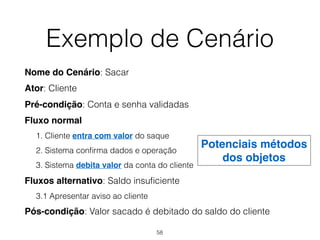 Exemplo de Cenário
Nome do Cenário: Sacar
Ator: Cliente
Pré-condição: Conta e senha validadas
Fluxo normal
1. Cliente entra com valor do saque
2. Sistema confirma dados e operação
3. Sistema debita valor da conta do cliente
Fluxos alternativo: Saldo insuficiente
3.1 Apresentar aviso ao cliente
Pós-condição: Valor sacado é debitado do saldo do cliente
Potenciais métodos
dos objetos
58
 
