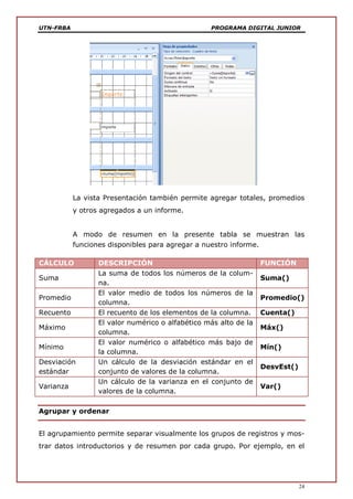 UTN-FRBA PROGRAMA DIGITAL JUNIOR
24
La vista Presentación también permite agregar totales, promedios
y otros agregados a un informe.
A modo de resumen en la presente tabla se muestran las
funciones disponibles para agregar a nuestro informe.
CÁLCULO DESCRIPCIÓN FUNCIÓN
Suma
La suma de todos los números de la colum-
na.
Suma()
Promedio
El valor medio de todos los números de la
columna.
Promedio()
Recuento El recuento de los elementos de la columna. Cuenta()
Máximo
El valor numérico o alfabético más alto de la
columna.
Máx()
Mínimo
El valor numérico o alfabético más bajo de
la columna.
Mín()
Desviación
estándar
Un cálculo de la desviación estándar en el
conjunto de valores de la columna.
DesvEst()
Varianza
Un cálculo de la varianza en el conjunto de
valores de la columna.
Var()
Agrupar y ordenar
El agrupamiento permite separar visualmente los grupos de registros y mos-
trar datos introductorios y de resumen por cada grupo. Por ejemplo, en el
 