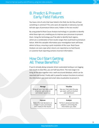How to improve quality and efficiency using test data analytics
8. Predict  Prevent
Early Field Failures
You have a list of units that have failed in the field, but do they all have
something in common? The units were all originally in tolerance, but did
tell-tale signs of premature failure exist, hidden in the test results?
By using powerful Root Cause Analysis technology it is possible to identify
what these signs are, enabling you to improve your processes to prevent
them. Using the technology you’ll be able to identify fault regions,
which are a combination of test results ranges that could lead to premature
failure. With this valuable information your investigation team will know
where to focus, ensuring a quick resolution of the issue. Root Cause
Analysis can even cope when returns are reported as no fault found,
or customer fault reporting contains incorrect information.
How Do I Start Getting
All These Benefits?
If you’re already doing computer driven automated testing or are logging
test results to data files, you are half way there. The next stage is to
bring all the data together into a well-structured database, which can be
searched and sorted. Finally add in powerful analysis functions to extract
the information you need and smart data visualization to present it.
tequraanalytics.com
6
Manage
Bring all your test data under
a secure, well ordered
centralized repository
Visualize
See your test data the way
you want, with an intuitive
web dashboard
Analyze
Perform advanced test data
analytics, extracting the
information you need
Improve
Make informed decisions on
changes to your processes,
then measure the results
 