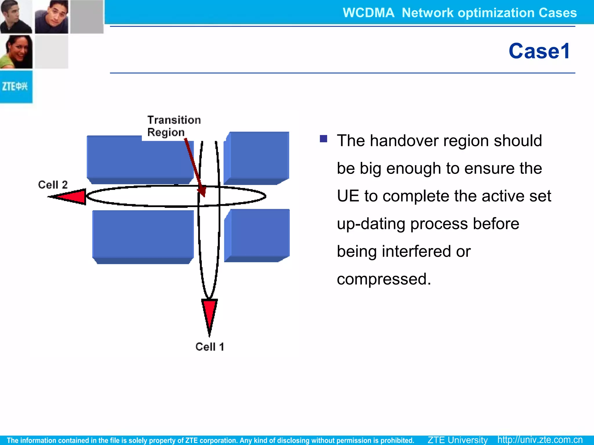 Case1
 The handover region should
be big enough to ensure the
UE to complete the active set
up-dating process before
being interfered or
compressed.
WCDMA Network optimization Cases
 