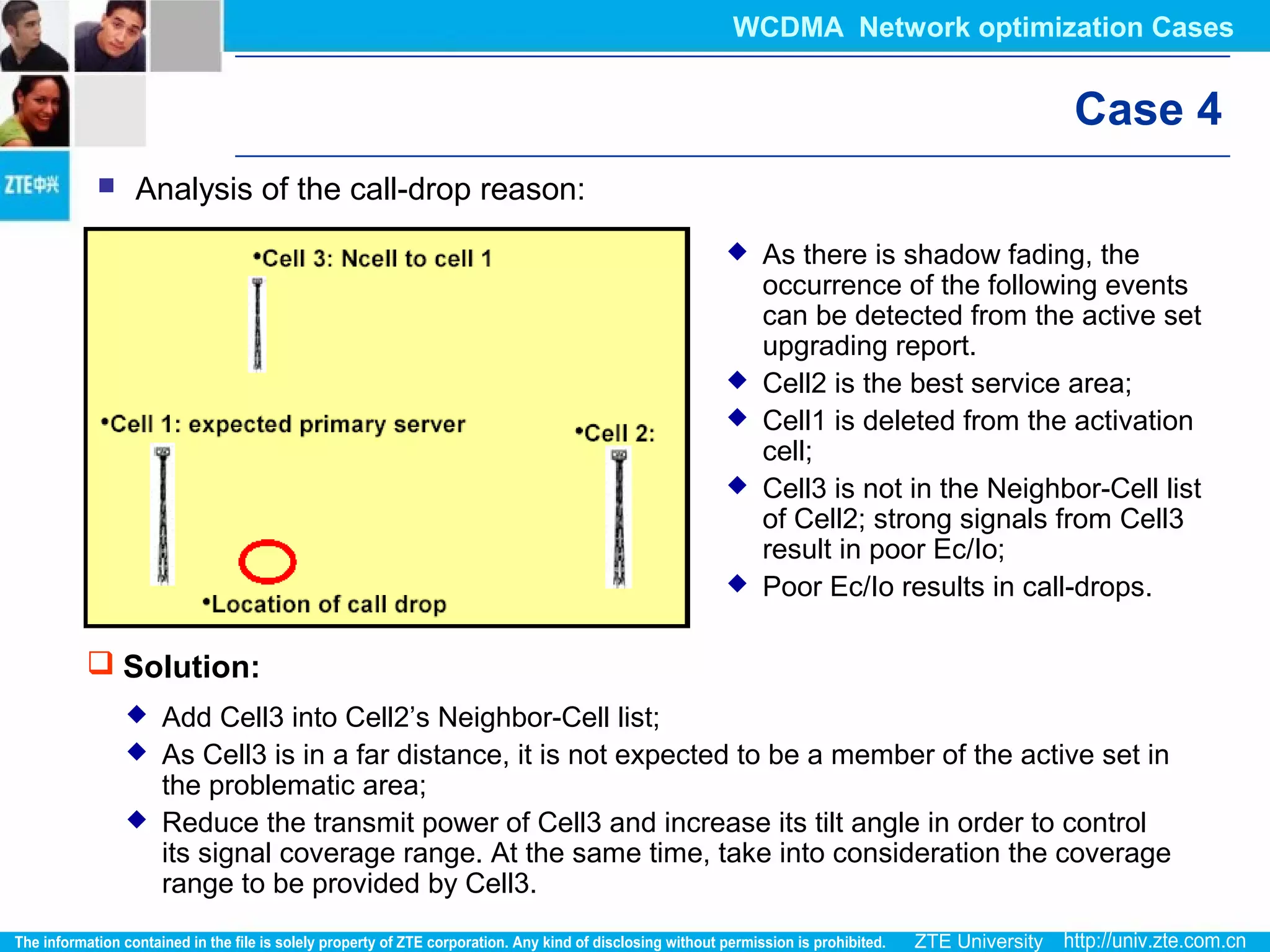 Case 4
 Analysis of the call-drop reason:
 As there is shadow fading, the
occurrence of the following events
can be detected from the active set
upgrading report.
 Cell2 is the best service area;
 Cell1 is deleted from the activation
cell;
 Cell3 is not in the Neighbor-Cell list
of Cell2; strong signals from Cell3
result in poor Ec/Io;
 Poor Ec/Io results in call-drops.
 Solution:
 Add Cell3 into Cell2’s Neighbor-Cell list;
 As Cell3 is in a far distance, it is not expected to be a member of the active set in
the problematic area;
 Reduce the transmit power of Cell3 and increase its tilt angle in order to control
its signal coverage range. At the same time, take into consideration the coverage
range to be provided by Cell3.
WCDMA Network optimization Cases
 