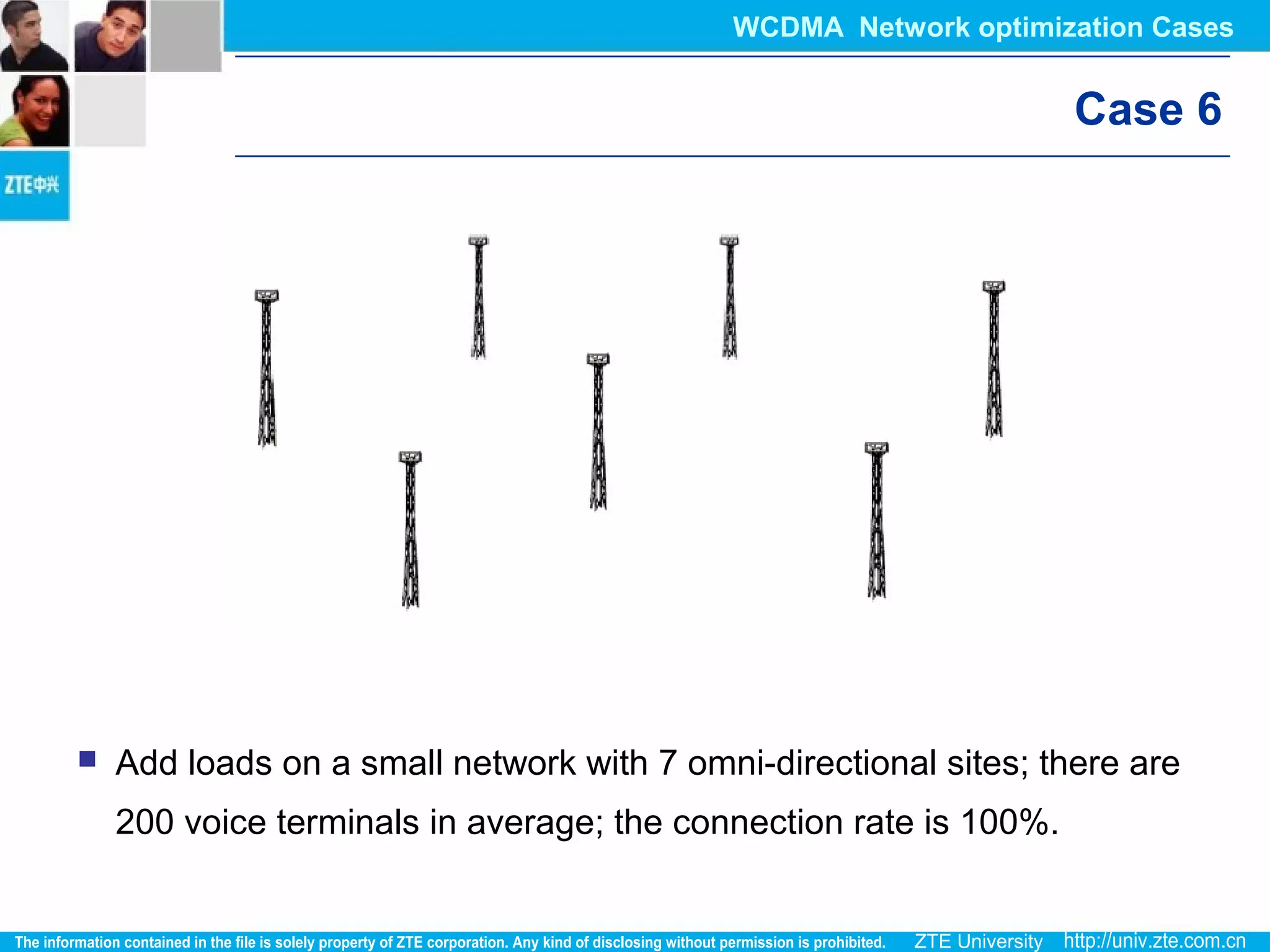 Case 6
 Add loads on a small network with 7 omni-directional sites; there are
200 voice terminals in average; the connection rate is 100%.
WCDMA Network optimization Cases
 