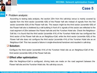 Case 5
 Problem analysis:
According to testing data analysis, the section 20m from the call-drop venue is mainly covered by
signals from the third sector (scramble 426) of the Flower hall site instead of signals from the first
sector (scramble 424) of the Flower hall site. The reason might be the third sector (scramble 426) of
the Flower hall site is sheltered by a tall building in front of it; signals of this sector are reflected to the
road segment of 20m between the Flower hall site and the Yunshan Hotel site. Check the Neighbour-
Cell list; it is found that the third sector (scramble 414) of the Yunshan Hotel site has configured the
third sector of the Flower hall site as an Neighbour-Cell, while the third sector (scramble 426) of the
Flower hall site does not configure the third sector (scramble 414) of the Yunshan Hotel site as an
Neighbour-Cell. This has caused a failure in single-directional handover and resulted in call-drop.
 Solution:
Configure the third sector (scramble 414) of the Yunshan Hotel site as an Neighbour-Cell of the
third sector (scramble 426) of the Flower hall site.
 Effect after optimization:
After the Neighbour-Cell is configured, driving tests are made on the road segment between the
Flower hall site and the Yunshan Hotel site. No call-drop occurs.
WCDMA Network optimization Cases
 