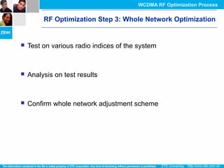 RF Optimization Step 3: Whole Network Optimization
 Test on various radio indices of the system
 Analysis on test results
 Confirm whole network adjustment scheme
WCDMA RF Optimization Process
 