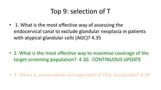 Top 9: selection of T
• 1. What is the most effective way of assessing the
endocervical canal to exclude glandular neoplasia in patients
with atypical glandular cells (AGC)? 4.35
• 2. What is the most effective way to maximise coverage of the
target screening population? 4.30. CONTINUOUS UPDATE
• 3. When is conservative management of HSIL acceptable? 4.09
 