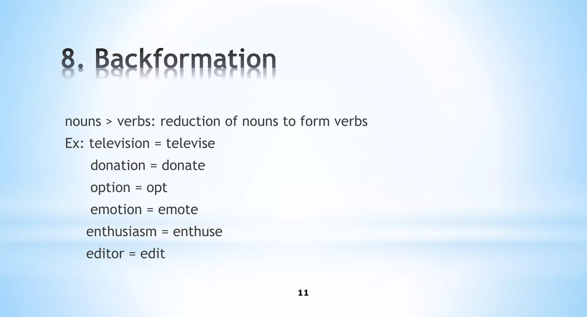 11
nouns > verbs: reduction of nouns to form verbs
Ex: television = televise
donation = donate
option = opt
emotion = emote
enthusiasm = enthuse
editor = edit
 