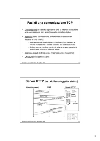Fasi di una comunicazione TCP

• Dichiarazione al sistema operativo che si intende instaurare
  una connessione con specifica delle caratteristiche

• Apertura della connessione (differente dal lato server
  rispetto al lato client):
                il server assume di definire la connessione prima del client, e
                 rimane in attesa che il client si connetta alla porta specificata
                il client assume che il server sia già attivo e prova a connettersi
                 specificando indirizzo e porta del server

• Scambio di dati bidirezionale (trasmissione e ricezione)
• Chiusura della connessione

Reti di Calcolatori 2009/2010 - World Wide Web                                          86




       Server HTTP (es., richiesta oggetto statico)
        Client (browser)                         DNS               Server HTTP
                                                                  Coda        Coda
                           DNS lookup                             SYN-RCVD    ACCEPT

                                                                             Listen
                                                                             Socket




                                                                               ACCEPT




                                                                             CPU
                                                                             memoria
                                                                             disco

Reti di Calcolatori 2009/2010 - World Wide Web                                          87




                                                                                             13
 