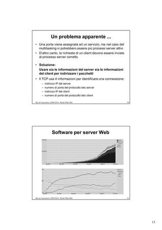 Un problema apparente ...
• Una porta viene assegnata ad un servizio, ma nel caso del
  multitasking vi potrebbero essere più processi server attivi
• D’altro canto, le richieste di un client devono essere inviate
  al processo server corretto

• Soluzione:
  Usare sia le informazioni del server sia le informazioni
  del client per indirizzare i pacchetti
• Il TCP usa 4 informazioni per identificare una connessione:
       –   indirizzo IP del server
       –   numero di porta del protocollo lato server
       –   indirizzo IP del client
       –   numero di porta del protocollo lato client

Reti di Calcolatori 2009/2010 - World Wide Web                     90




                    Software per server Web




Reti di Calcolatori 2009/2010 - World Wide Web                     91




                                                                        15
 
