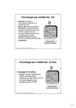 Tecnologie per middle tier (II)
 • FastCGI: permette di
   condividere un’istanza di un
   programma CGI
 • Server API (Netscape NSAPI,                     HTTP
                                                                     (Presentation
   MS ISAPI): Librerie condivise                  server(s)
                                                                        Logic +
   caricate nello spazio del server                  Web
                                                  application
                                                                     Business logic)

   HTTP, in grado di servire                       server(s)

   richieste multiple senza creare
   nuovi processi  poca                          Back-end            (Data logic,
                                                  server(s)            DB server)
   portabilità (legate al server
   HTTP) e vulnerabili (thread safe)
 • ColdFusion
                                                   (Presentation+
                                                  Business integrati)


 Reti di Calcolatori 2009/2010 - World Wide Web                                             118




       Tecnologie per middle tier (II bis)



• Linguaggi di scripting                                HTTP
                                                                          (Presentation
                                                       server(s)
   – codice inserito nelle pagine                         Web
                                                                             Logic +
                                                                          Business logic)
                                                       application
     HTML ed interpretato                               server(s)
     direttamente dal server HTTP,
     ma meno legato a uno                             Back-end             (Data logic -
                                                                            DB server)
                                                      server(s)
     specifico server HTTP

                                                        (Presentation+
                                                       Business integrati)


 Reti di Calcolatori 2009/2010 - World Wide Web                                             119




                                                                                                  29
 