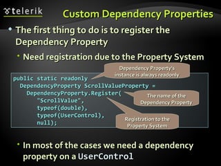 Custom Dependency Properties The first thing to do is to register the Dependency Property Need registration due to the Property System In most of the cases we need a dependency property on a  UserControl public static readonly  DependencyProperty ScrollValueProperty = DependencyProperty.Register( "ScrollValue",  typeof(double),  typeof(UserControl), null); Dependency Property's instance is always readonly The name of the Dependency Property Registration to the Property System 
