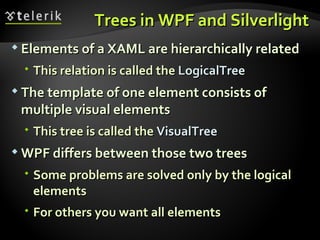 Trees in WPF and Silverlight Elements of a XAML are hierarchically related This relation is called the  LogicalTree The template of one element consists of multiple visual elements This tree is called the  VisualTree WPF differs between those two trees Some problems are solved only by the logical elements  For others you want all elements 
