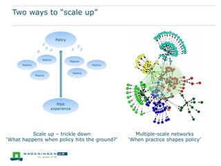 Two ways to “scale up”


                               Policy




                     Replica
                                        Replica
      Replica                                       Replica


                                          Replica
                Replica




                              Pilot
                           experience




          Scale up – trickle down                               Multiple-scale networks
‘What happens when policy hits the ground?’                   ‘When practice shapes policy’
 
