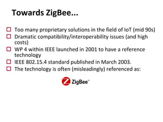 Towards ZigBee...
o Too many proprietary solutions in the field of IoT (mid 90s)
o Dramatic compatibility/interoperability issues (and high
costs)
o WP 4 within IEEE launched in 2001 to have a reference
technology
o IEEE 802.15.4 standard published in March 2003.
o The technology is often (misleadingly) referenced as:
 