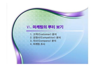 Ⅵ. 마케팅의 뿌리 보기
1.
2.
3.
4.

고객(Customer) 분석
경쟁사(Competitor) 분석
자사(Company) 분석
마케팅 조사

 